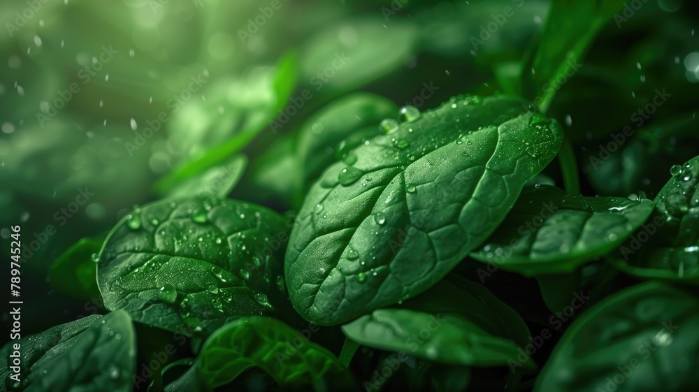 Obraz premium Fresh green leaves with water droplets after rain