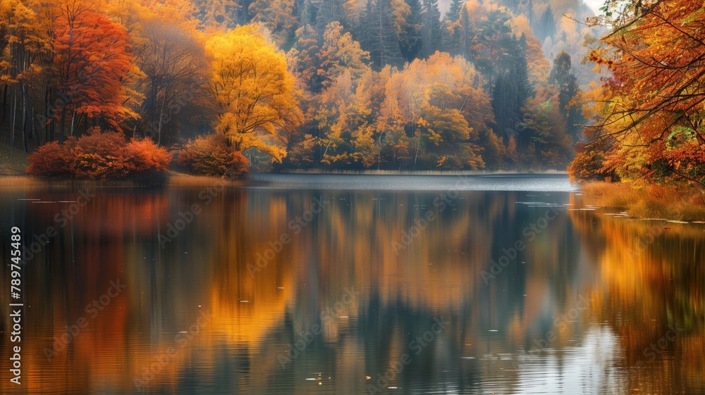 Serene lake reflecting vibrant autumnal forest