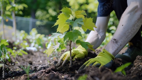 Person planting young tree in soil with gloves on photo