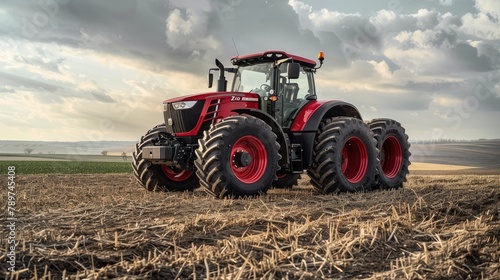 Powerful Agricultural Tractor Plowing Fertile Field Under Cloudy Skies