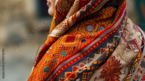Close-up of patterned scarf over woman's shoulder
