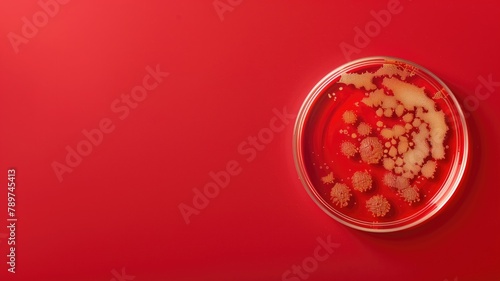Bacterial colonies growing on red agar plate photo