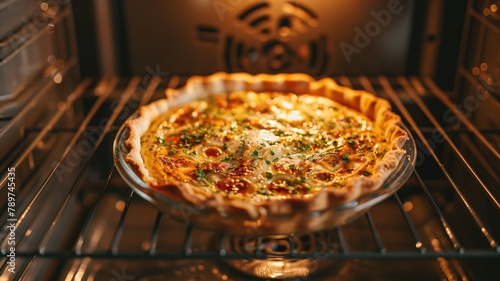 Golden-brown quiche with herbs and visible filling, freshly baked in oven