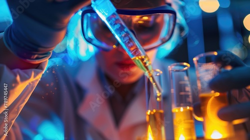 Scientist performing chemical experiment in lab with colorful liquids
