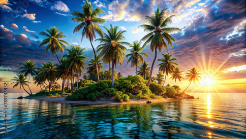 Exotic tropical island landscape with palm trees, nature wallpaper design. Generative ai