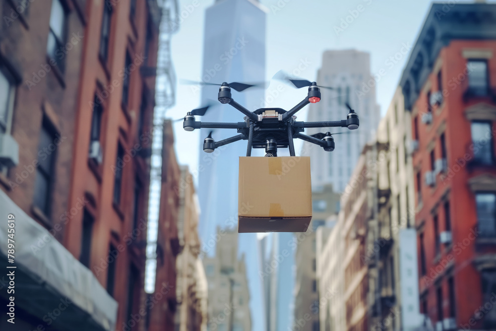 Drone flying in the air in a downtown urban city center carrying a cardboard box package for delivery