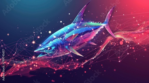 Fish, tuna, marlin jumping out, from futuristic polygonal blue lines and glowing stars for banner, poster, greeting card. AI generated