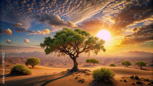 Sunset landscape in the desert, old tree, wallpaper design. Generative ai photo