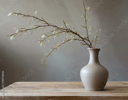 A simple vase with a branch on a wooden table. Simple yet elegant decoration.