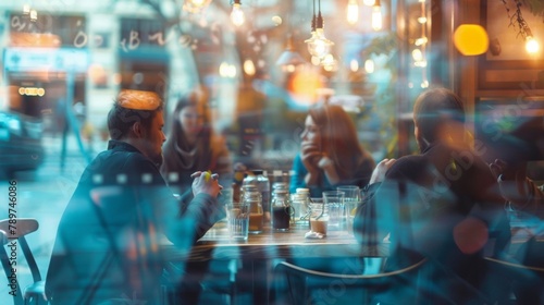 A blurred image of a team huddled around a table in a cozy cafÃ© their animated gestures and expressions blurred in the background as they brainstorm and share creative concepts. .