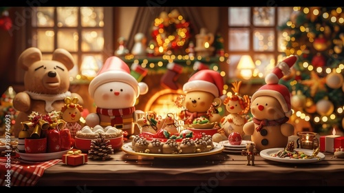 Festive 3D Clay Style Cartoon Christmas Dinner Scene with Whimsical Characters and Cozy Holiday Decor © Sittichok
