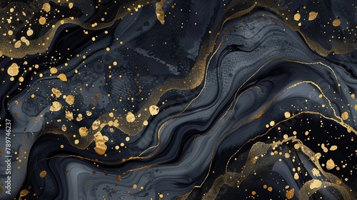 Abstract marbled ink liquid fluid watercolor painting texture banner illustration - Black petals, blossom flower flowers swirls gold painted lines