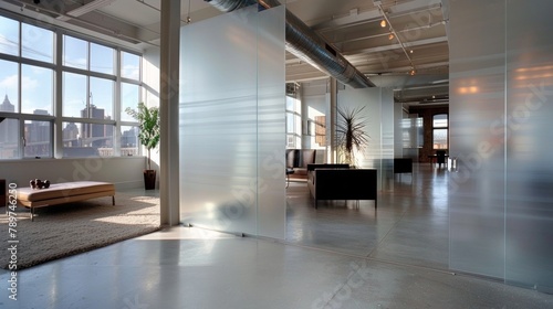 The expansive loft boasts high ceilings and an abundance of natural light further amplified by the use of frosted glass room dividers. The translucent panels add visual interest and .