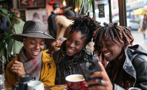 Group of black women having fun and taking a selfie in a bar. Friendship and fun. Friends spending time together.