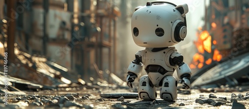 A Curious White Gummy Robotic Child Navigates the Chaos of a Post Apocalyptic Robot Uprising in a Desolate Urban Landscape