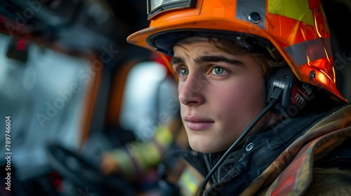 Focused Firefighter Coordinating Rescue on Radio. Concept Firefighter Communications, Emergency Response Coordination, Radio Operations, Rescue Mission Planning © Ян Заболотний