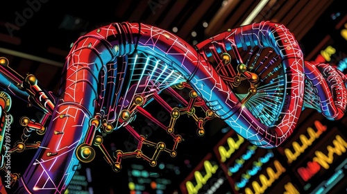 A DNA strand is shown in a neon color scheme