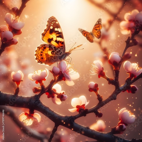 A butterfly landing on a blooming cherry branch  © Ansaar