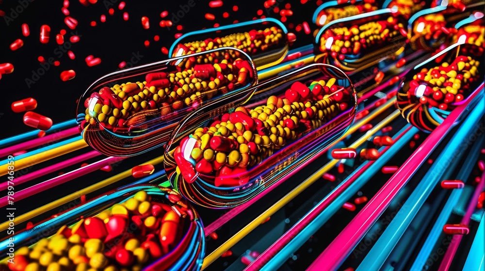 A colorful image of pills in a row, with some of them being red and yellow