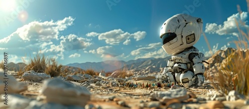 Curious Gummy Robot Stumbles Upon Lush Oasis in Desolate Wasteland Backdrop photo