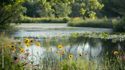 A tranquil lake surrounded by blooming wildflowers providing a serene backdrop for a restorative nights sleep. 2d flat cartoon.