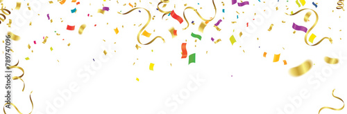 Celebration background template with confetti and streamers on white background. Vector illustration