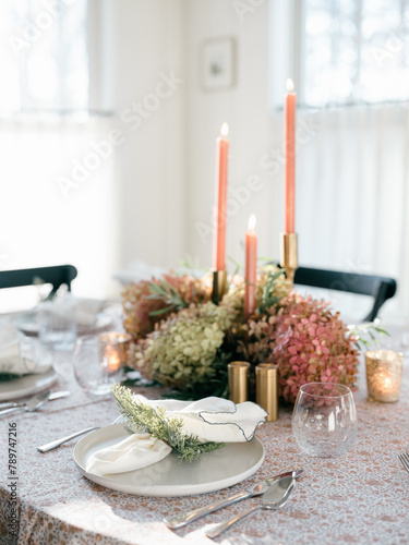 Beautiful dinner tablescape with floral motif