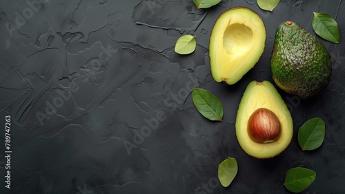 Halved avocado with pit on dark textured background, accompanied by whole and leaves photo