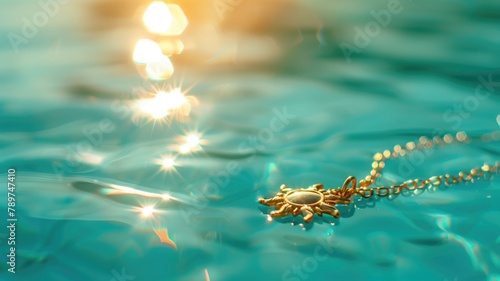 Sun-shaped pendant floating on shimmering water surface with sparkling light reflections photo