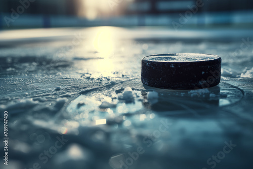 Hockey puck on the cold ice of an arena rink