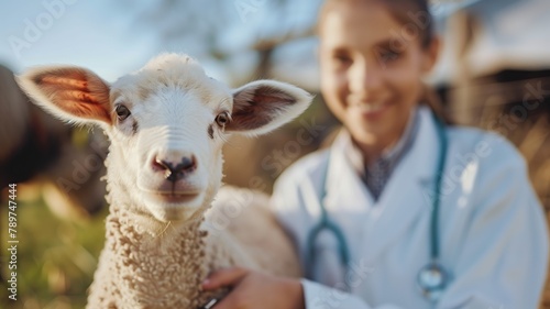 Female veterinarian smiling while caring for lamb outdoors photo