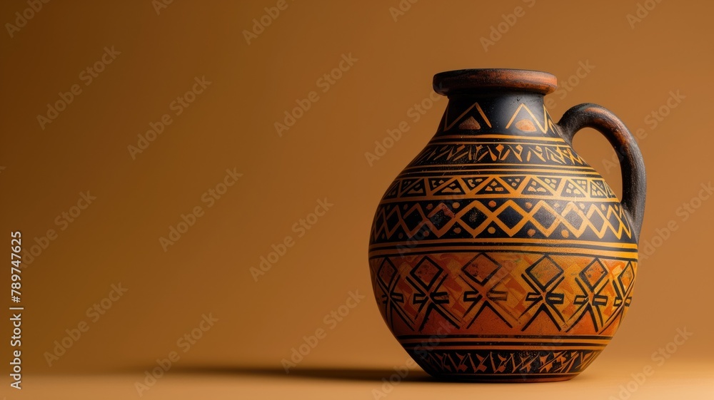 Traditional patterned clay pottery on warm background