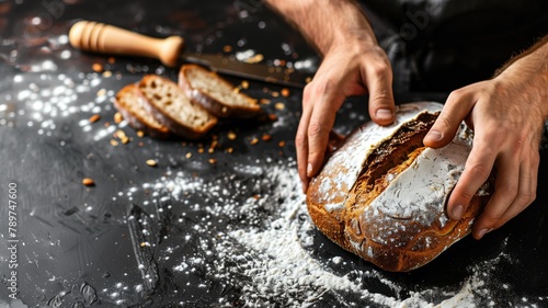 Person slicing freshly baked bread on dark surface with flour scattered around