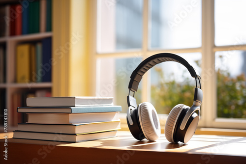 Headphones in a reading book library audiobook listening concept photo