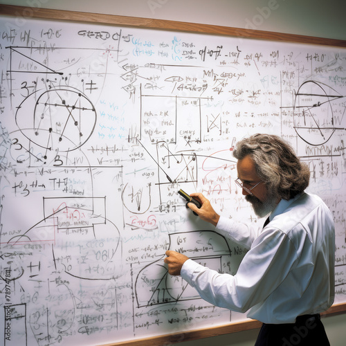 Man solves a complicated math equation on a large white board photo