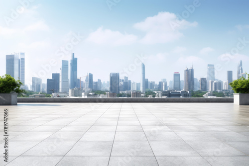 Empty concrete tile platform with a modern city background