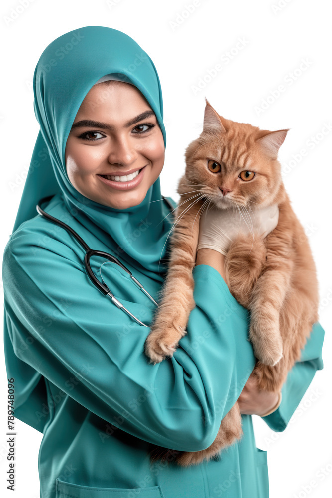 hijab female veterinarian holding a persian cat