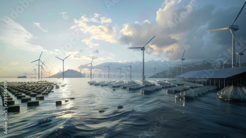 A coastline dotted with wind turbines and solar panels harnessing the power of the sun and wind to support a large and thriving algae farm just off the shore. .