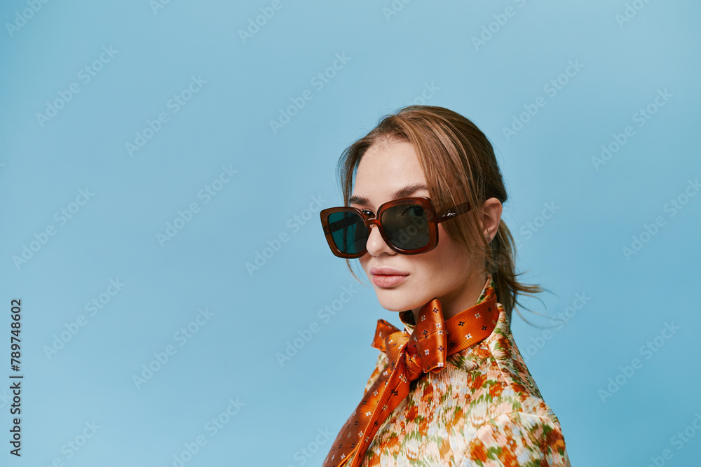 Studio woman portrait blue background Studio woman portrait blue background