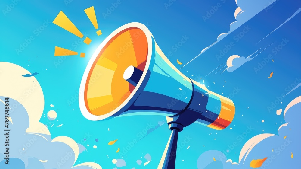 A vibrant cartoon cartoon megaphone complete with a bell notification symbolizes the concept of marketing in real time It conveys the idea of online news being broadcasted through a loudspea