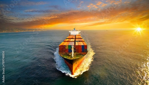 Sunset voyage, aerial perspective of cargo ship at sea photo
