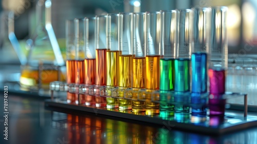 Colorful liquids in transparent test tubes arranged science laboratory