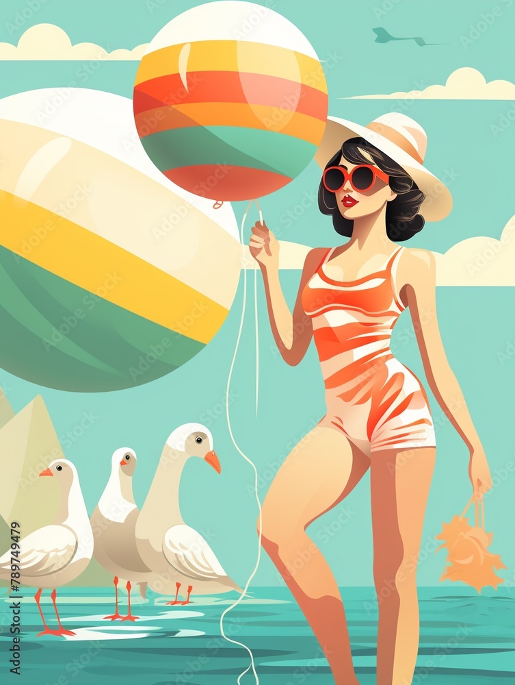 Seaside leisure illustration, pastel palette, swim suit, sun accessories, beach ball, bird companion ,  high resolution