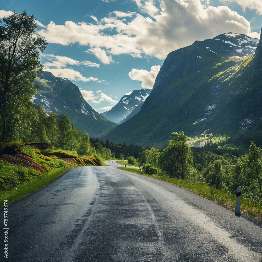 Naklejka premium asphalt road in mountains beautiful landscape wallpaper 