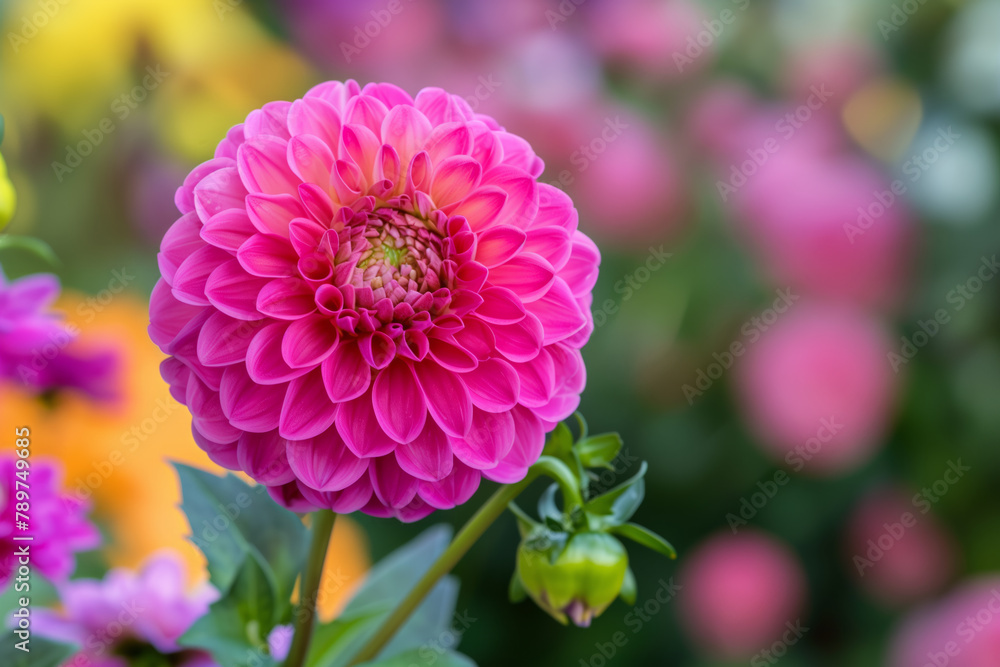 A vibrant pink dahlia flower in full bloom, with delicate petals and soft green leaves against the backdrop of an outdoor garden filled with other colorful flowers A vibrant pink dahlia flower in full bloom, with delicate petals and soft green leaves against the backdrop of an outdoor garden filled with other colorful flowers