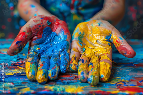 Color, paint and person showing hands, artist and creativity with art deco, wet and bright. Abstract, human and designer with palm, vibrant and vivid with student, playing and fun with presentation