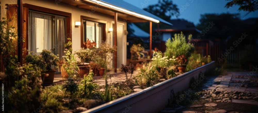 Fototapeta premium Motion sensor led lights on the terrace of a small solar powered house