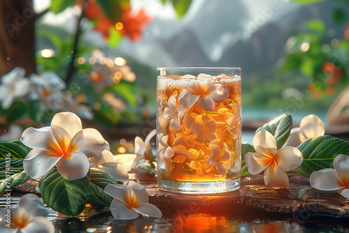 寒色の無地の背景にジャスミン茶の商品写真 < Generative AI >