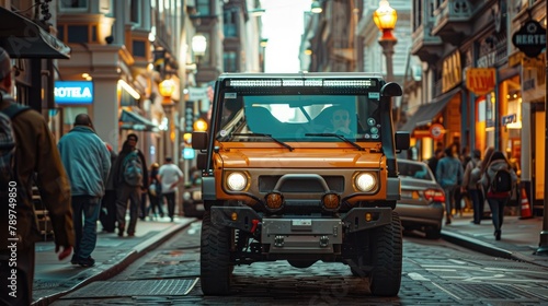 Compact Utility Vehicle Navigating Busy City Streets with Pedestrians and Urban Architecture in Background photo