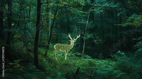 Natural photograph of a dense forest  focal point is a green neon glowing deer outline  green and brown color palette